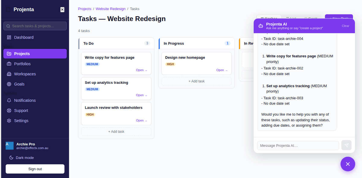 Projenta AI chat assistant answering project management questions